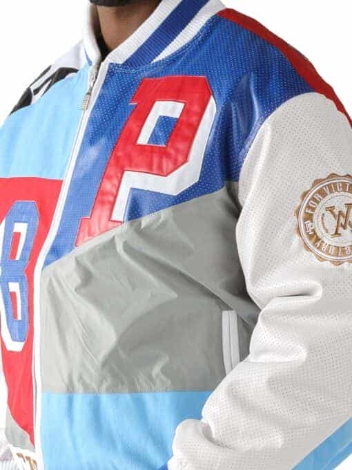 Men’s White And Blue Slam Dunk Leather Jacket