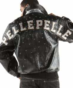 Pelle Pelle's Black Plush with Black Gator sleeves Letterman jacket