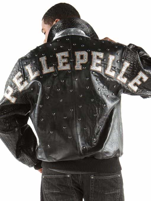 Pelle Pelle's Black Plush with Black Gator sleeves Letterman jacket