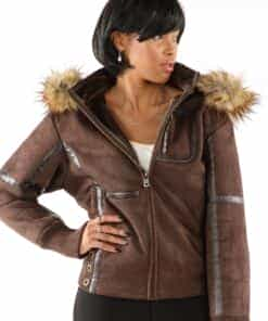 ladies pelle pelle winged brown jacket with detachable fur hood