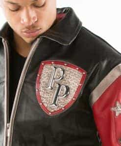 pelle pelle encrusted varsity maroon and black leather jacket