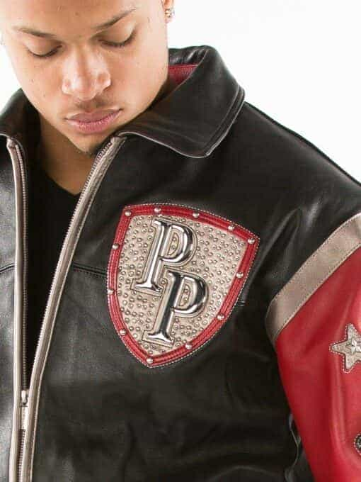 pelle pelle encrusted varsity maroon and black leather jacket