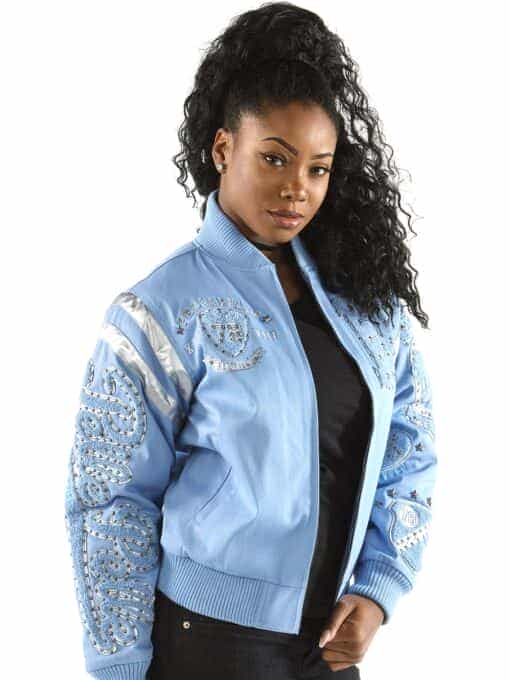 pelle pelle ladies varsity sky blue jacket in eclipse