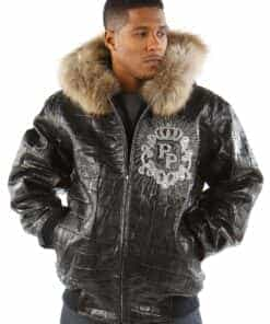 pelle pelle men's crest black croc leather jacket with fur collar