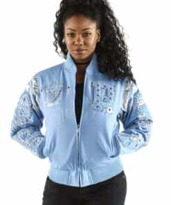 pelle pelle new ladies varsity sky blue jacket in eclipse