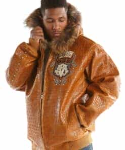 pelle pelle mb emblem fur hood brown leather jacket