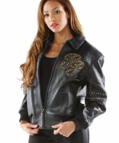 ladies pelle pelle black & gold varsity leather jacket