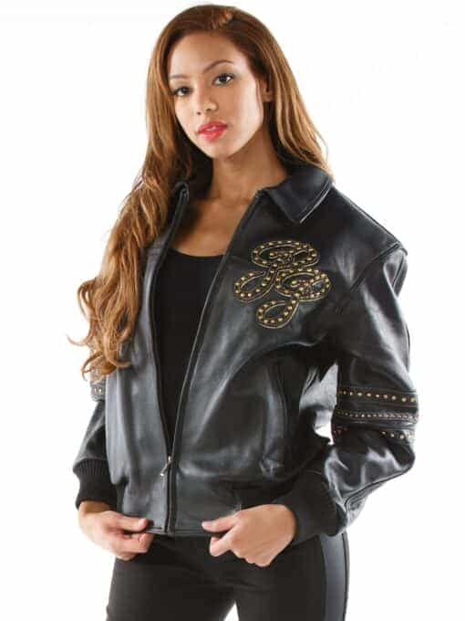 ladies pelle pelle black & gold varsity leather jacket