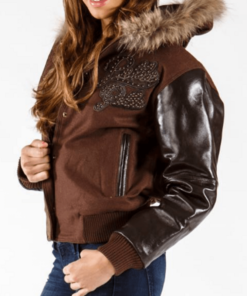 Pelle Pelle Brown Fur Hooded Wool Jacket With Leather Sleeves