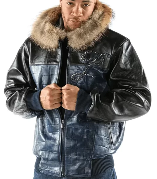 Pelle Pelle Black And Blue Leather Jacket With Fur Hood