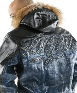 Pelle Pelle Black And Blue Leather Jacket With Fur Hood.