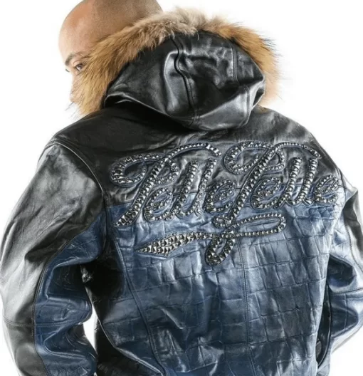 Pelle Pelle Black And Blue Leather Jacket With Fur Hood.