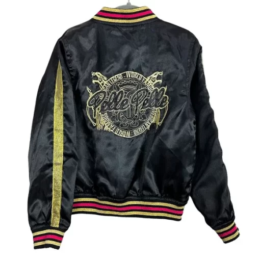 Pelle Pelle Black Satin Varsity Bomber Jacket.