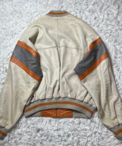 Pelle Pelle White & Orange Stripe Leather Varsity Jacket.