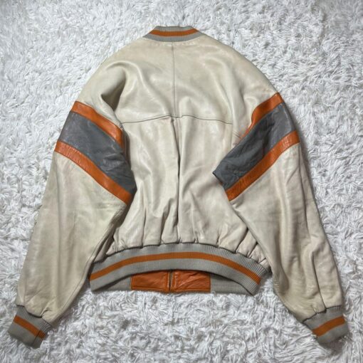 Pelle Pelle White & Orange Stripe Leather Varsity Jacket.