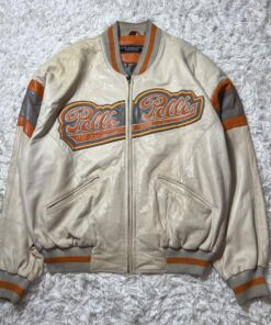 Pelle Pelle White & Orange Stripe Leather Varsity Jacket