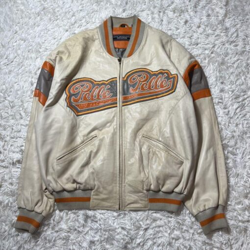 Pelle Pelle White & Orange Stripe Leather Varsity Jacket