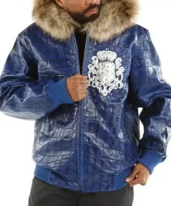 Pelle Pelle Men Crest Fur Hood Blue Jacket | Leather Jacket