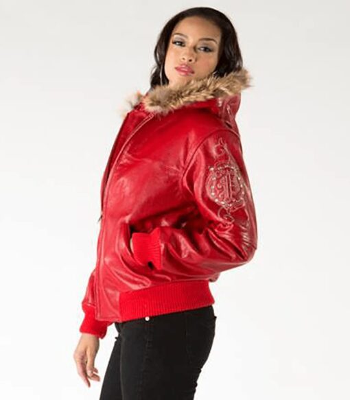 Pelle Pelle Red Leather Crest Fur Hood Jacket | Women Jacket