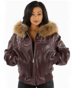 Pelle Pelle’s Women Purple Encrusted Studded Fur Hood Leather Jacket