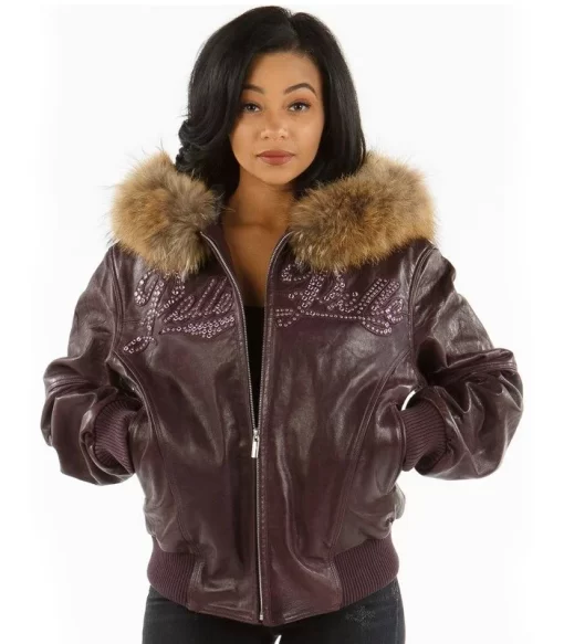 Pelle Pelle’s Women Purple Encrusted Studded Fur Hood Leather Jacket