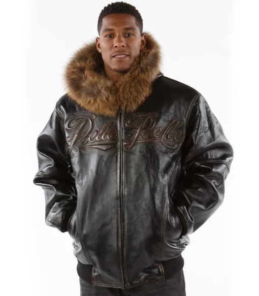 Men’s Pelle Pelle Dark Brown Fur Hooded Real Leather Jacket