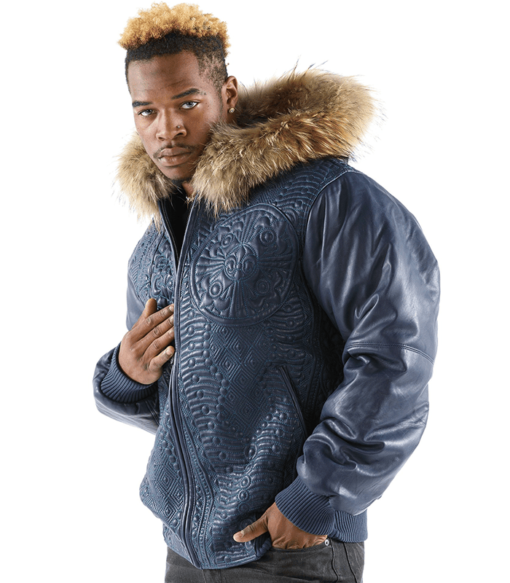 Pelle Pelle Mens Blue Fur Hood Jacket