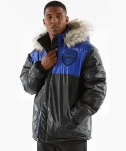 Pelle Pelle Mens Grey and Blue Puffer Long Fur Hooded Coat