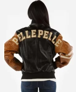 Pelle Pelle Womens Letterman Black Plush Tim Tan Alligator Jacket