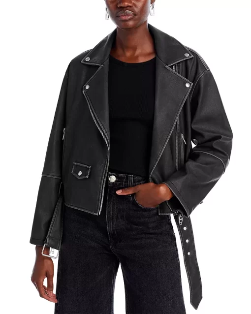 Black Belted Cropped Leather Jacket