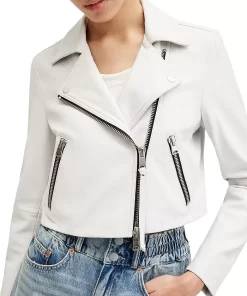 White Cropped Leather Biker Jacket