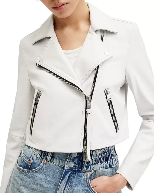 White Cropped Leather Biker Jacket