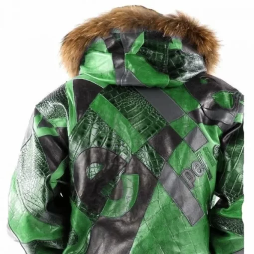 Pelle Pelle Green Fur Hood Leather Jacket | Abstract Pattern