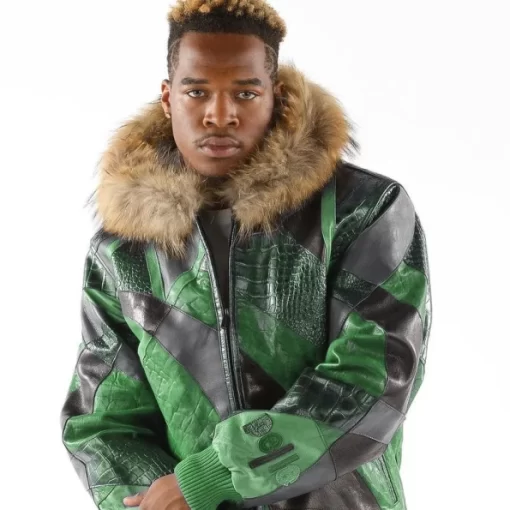 Pelle Pelle Green Fur Hood Leather Jacket | Abstract Pattern