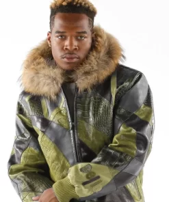 Pelle Pelle Olive Fur Hood Leather Jacket | Abstract Pattern