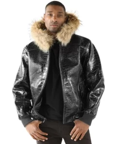 Pelle Pelle Crocodile Leather Men Black Jacket | Fur Hood