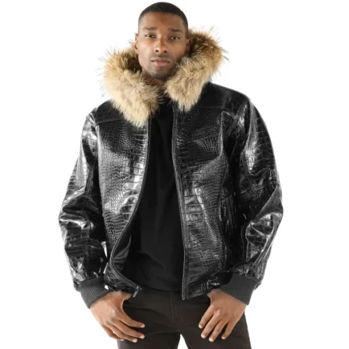 Pelle Pelle Crocodile Leather Men Black Jacket | Fur Hood