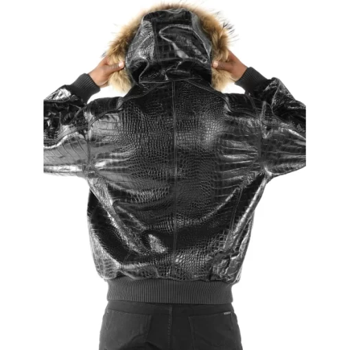 Pelle Pelle Crocodile Leather Men Black Jacket | Fur Hood