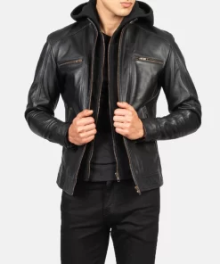 Black Removable Hood Motorcycle Leather Jacket