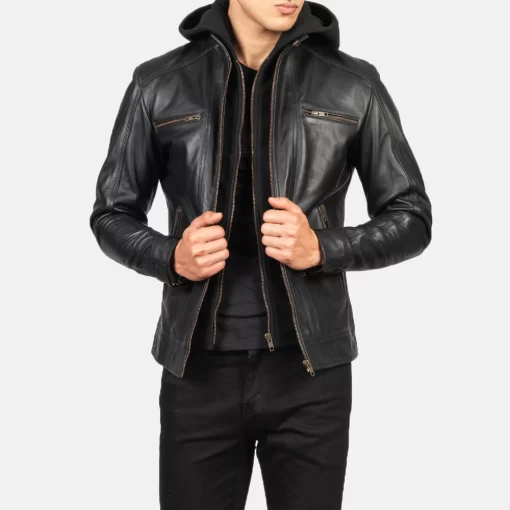 Black Removable Hood Motorcycle Leather Jacket